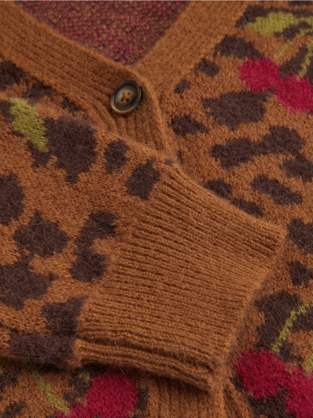 NWT Cider Brown Leopard V-Neck Cardigan with Red Cherry Novelty Print - Picture 7 of 7